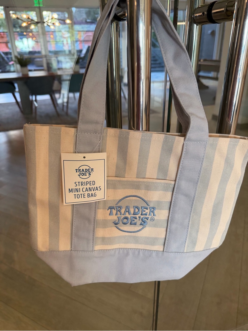NWT Trader Joes Pastel Blue Striped Mini Tote Bag